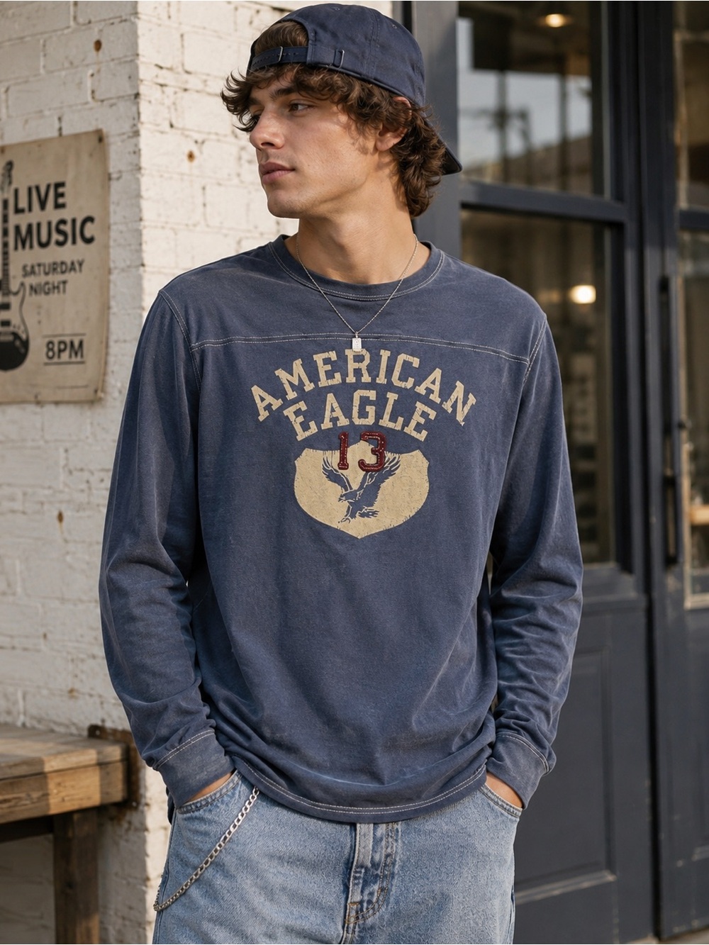American Eagle Vintage Wash Long Sleeve Graphic Tee Men’s Large Y2K